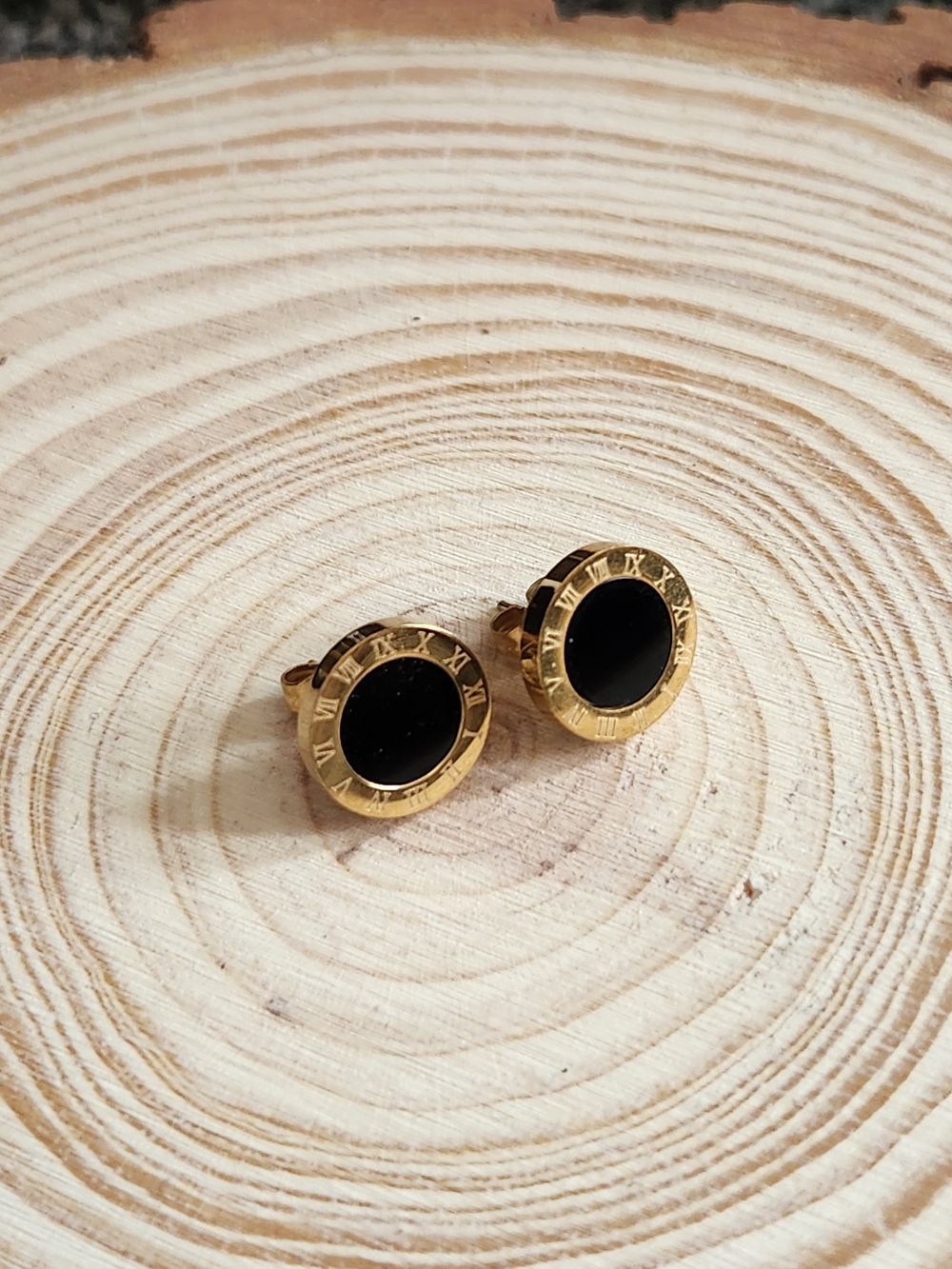 Stainless Steel Black Round Stud Earrings